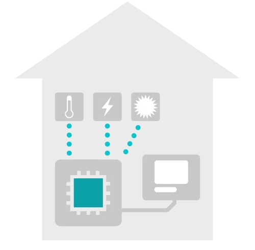 An illustration of a house shape, featuring a central computer chip connected to icons representing temperature, energy, and light. The design symbolizes smart home technology and the integration of various systems for efficient management.