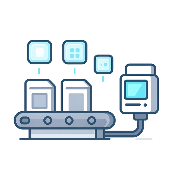 An illustrated conveyor belt features two containers with digital screens above displaying various icons. On the right, a machine with a monitor connects to the conveyor, suggesting a technological process or automation system. The image conveys themes of industry and innovation.