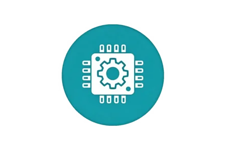 An illustration of a circuit board chip with a gear icon in the center. The design features a turquoise background, emphasizing the technology theme.