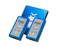 Image features two SEGGER Flasher devices, labeled "Pro XL" and "Pro." Both devices are rectangular with blue casings and feature indicators labeled "Ready" and "Prog." Behind them is a digital display with a blue background and white downward arrow graphics, suggesting programming or data transfer.