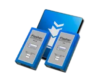 Image features two SEGGER Flasher devices, labeled "Pro XL" and "Pro." Both devices are rectangular with blue casings and feature indicators labeled "Ready" and "Prog." Behind them is a digital display with a blue background and white downward arrow graphics, suggesting programming or data transfer.