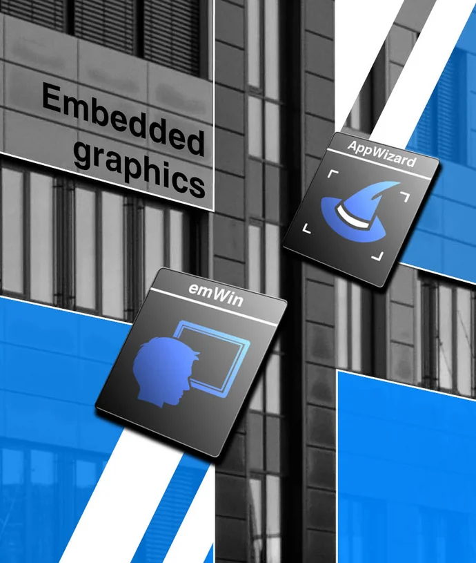 The image features two software icons, emWin and AppWizard, positioned against a backdrop of a modern building. The text "Embedded graphics" appears prominently, indicating a focus on graphical solutions in embedded systems. The design includes blue and black elements, enhancing visual contrast.