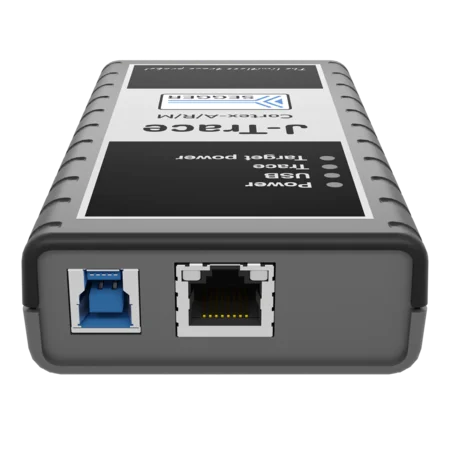 A rectangular device with a black and white design labeled "J-Triage" on top. It features a blue USB port and an Ethernet port on one side, along with indicator lights for power and status. The device is designed for data storage and management.