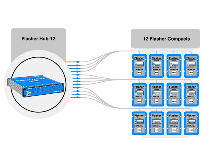 Diagram illustrating the Flasher Hub-12 connected to 12 Flasher Compacts. The hub, shown on the left, displays multiple LED indicators, while the Flasher Compacts on the right each have a status indicator and a programming button. Lines visually represent the connections between the hub and Compacts.
