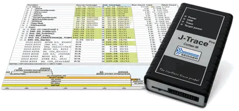 The image features a J-Trace Pro device, a debugging tool for microcontrollers, alongside a detailed table displaying configuration data, power sources, and signal information related to its operation. This setup aids developers in optimizing performance and debugging embedded systems.