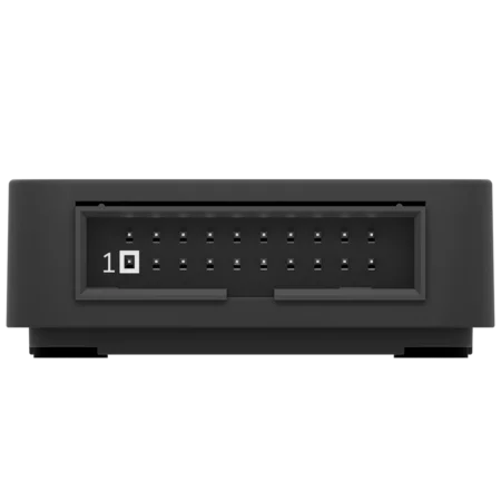 A close-up view of a black electronic connector with multiple gold-plated pins visible inside a rectangular housing. The connector is designed to interface with other electronic components. The background is blurred, focusing on the details of the connector.
