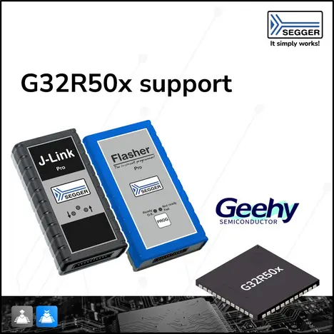 J-Link and Flasher next to Geehy G33R50x chip