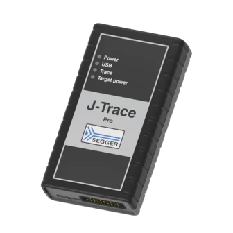 A black device labeled "J-Trace Pro" with LED indicators for Power, USB, Trace, and Target Power. It features a connector on one side and a smooth, textured surface. The device is used for debugging and tracing in embedded systems.