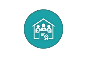 Icon depicting a house symbol with three human figures inside and a certificate or document in front. The figures represent teamwork or collaboration, with one figure showing a gear, suggesting technical skills or expertise. The overall color scheme is teal and white.