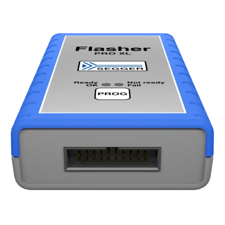 An electronic device labeled "Flasher PRO XL" with a blue casing. The top features status indicators for "Ready," "Not Ready," and "Fail," along with a "PROG" button. The front has a connector port with multiple pins visible.