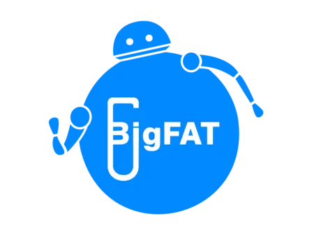 A blue circular logo features a simple robot character and the text "BigFAT" in a modern font. The robot's arms are raised, and it is positioned alongside a test tube graphic, suggesting a theme related to science or technology.