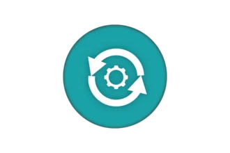 A circular arrow symbol surrounding a gear on a teal background, representing the concept of continuous processes or functioning systems.