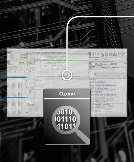 An image of a software interface featuring multiple coding windows, showcasing programming and debugging activities. The central focus is a black icon labeled "Ozone" with binary code beneath a magnifying glass, symbolizing analysis or inspection of data.