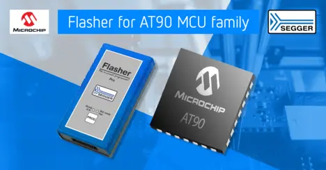 Image features a blue programming device labeled "Flasher Pro" by SEGGER, next to a Microchip AT90 microcontroller. The background is primarily blue with technical elements. The text indicates this device is for programming the AT90 MCU family, emphasizing its purpose.