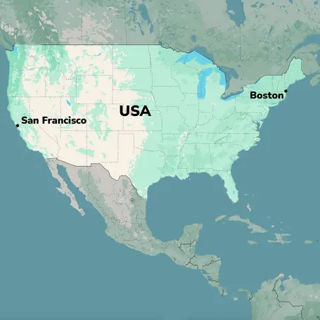 Map of the continental United States highlighting two cities: San Francisco located on the West Coast and Boston on the East Coast. The surrounding area includes parts of Mexico and Canada, emphasizing geographic locations within North America.