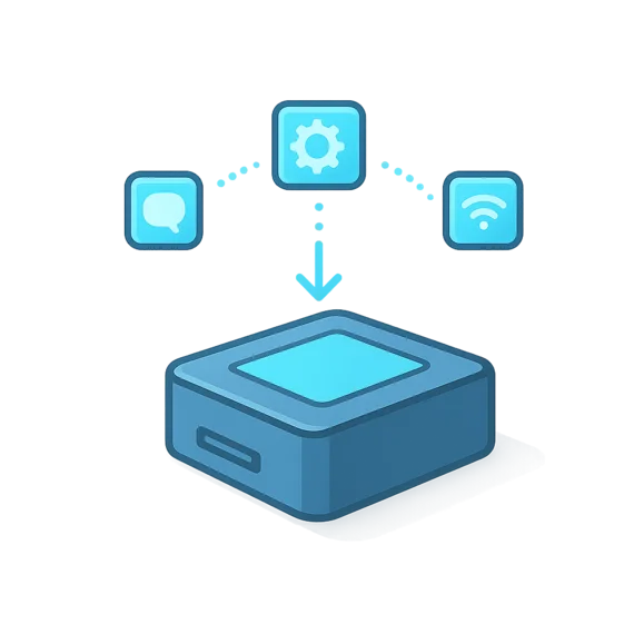 A blue, square device sits at the center, displaying a light blue square on top. Above it are three illuminated icons representing communication, settings, and Wi-Fi connectivity, all connected by dotted lines, illustrating interaction and functionality. The background is dark.