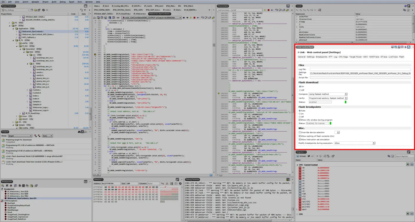 A computer screen displaying coding and debugging environments. The interface includes project files on the left, a code editor in the center, and a control panel for web settings on the right. Below, there's a debug terminal with messages about server warnings and memory issues.