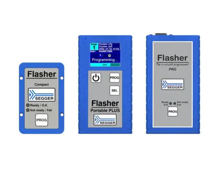 Images showing a piece of SEGGER's Flasher product portfolio showing Flasher Compact, Flasher Portable PLUS, and Flasher PRO