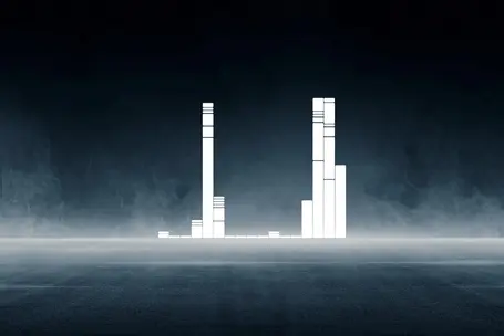 A minimalist digital graphic showing vertical bars of varying heights, symbolizing data or sound waves. The background is dark with a smoky texture, enhancing the stark contrast of the white bars. The composition suggests a sense of rhythm or structure in data visualization.