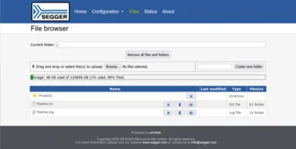 A web-based file browser interface displaying the current folder as root. It shows storage usage (48 KB of 124,656 KB used) and lists files including a directory named "Projects," an "INI" file named "Flasher.ini," and a "Log" file named "Flasher.log."