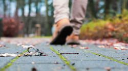 A close-up view of a set of keys lying on a cobblestone path, with fallen leaves scattered around. In the background, a person is walking away, partially obscured, with a focus on the keys on the ground.