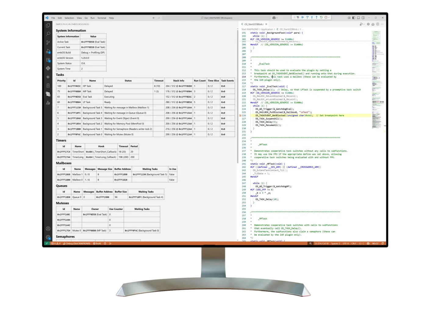 The image shows a computer screen displaying code and tables related to task management in a software development environment. The left side features a table with information on queues, mutexes, semaphores, memory pools, event objects, and watchdogs, while the right side contains lines of code.