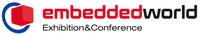 Logo for "embedded world Exhibition & Conference" featuring a red cube within a blue circular design. The text "embedded world" is prominently displayed in red and black. The overall design emphasizes technology and innovation in the embedded systems field.