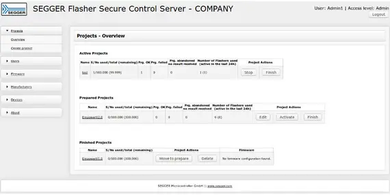 Image depicts a user interface for the SEGGER Flasher Secure Control Server. It shows sections for active, prepared, and finished projects, displaying their statuses, usage, and project actions such as stop, finish, edit, and activate. Various menu options are also visible on the left sidebar.