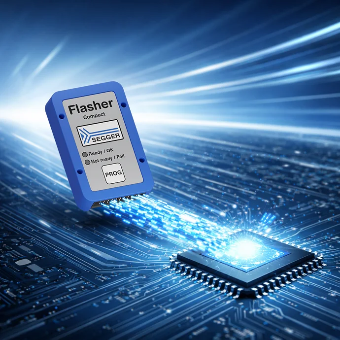 An electronic device labeled "Flasher Compact" is depicted above a microchip on a circuit board. Blue light beams connect the flasher to the chip, suggesting data transfer. The background features a dynamic, technology-inspired design with lines and sparkles.