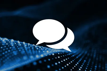 Two speech bubbles are centered against a dark blue background with flowing lines and dots, symbolizing communication and conversation. The design emphasizes connectivity and dialogue.