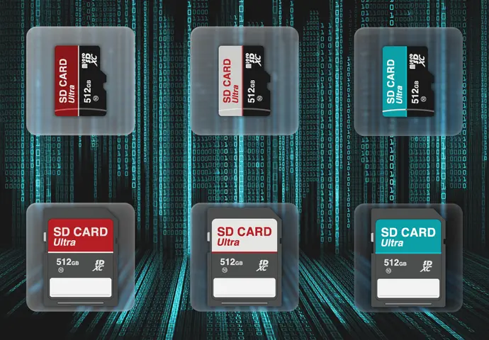 The image displays six SD cards labeled "SD CARD" and "SD CARD Ultra," each showcasing a capacity of 512 GB. The background consists of binary code, emphasizing a digital theme. There are variations in color, with some cards featuring red and others in blue.