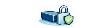 An illustration featuring a blue computer server with a padlock and shield, symbolizing data security and protection. The shield displays a checkmark, indicating successful security measures in place.