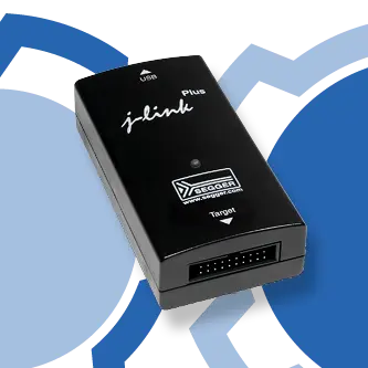 The image features a black debugging tool with a USB connection and a target interface. It is labeled "j-link Plus" and has a small LED indicator on the front. The tool is used for programming and debugging embedded systems.