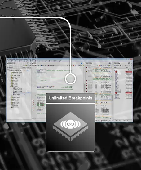An image of a software interface displaying programming code and debugging tools, overlaid with a graphic stating "Unlimited Breakpoints." The background features a circuit board design. The focus is on the software capabilities for debugging.