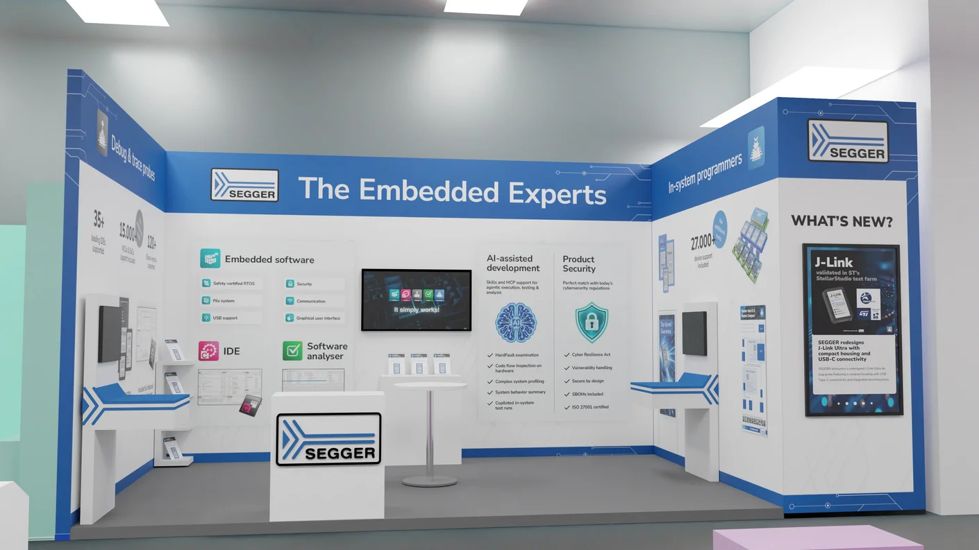 A modern exhibition booth for SEGGER, titled "The Embedded Experts." It displays information about embedded software, AI-assisted development, and product security. Interactive screens and brochures are featured, showcasing various tools and services offered, including J-Link, an in-system programmer. The booth has a professional blue and white design.