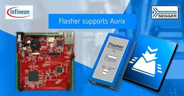 Image showing a red circuit board and a blue device labeled "Flasher Pro" by SEGGER. The text states "Flasher supports Aurix." The background features a blue gradient, suggesting a technological theme related to programming and electronics.