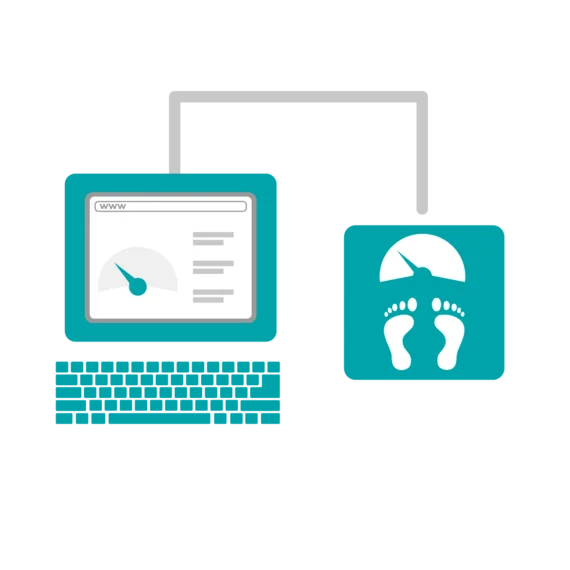 An illustration shows a computer connected to a digital scale. The computer displays a webpage with a gauge, while the scale features footprints and a similar gauge. This imagery suggests tracking health metrics or fitness data online.