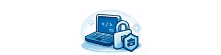 An illustration featuring a laptop with a code symbol on its screen, paired with a padlock and a shield symbol, representing computer security and coding. The background has a soft blue glow, emphasizing themes of technology and protection.
