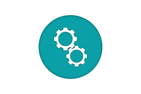 A circular icon featuring two white interlocking gears on a teal background, symbolizing settings or configuration.