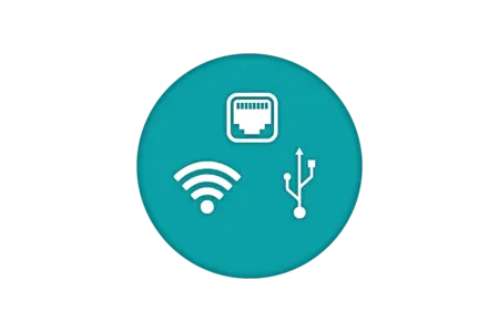 A circular teal background features three white icons: an Ethernet port, a wireless signal, and a USB connector. These symbols represent different types of internet and data connectivity options, highlighting the importance of networking technology.
