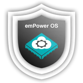 Logo for emPower OS, featuring a shield design emphasizing security and technology. The central image depicts a microchip with a gear symbol, signifying system management and efficiency. The color scheme includes shades of gray and aqua.