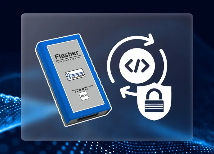 An electronic device labeled "Flasher" by SEGGER, designed for programming. It features indicators showing status options: "Ready," "Not ready," and "Fail." Accompanying icons represent coding and security, symbolizing data transfer and protection. The background has a digital design with lights.