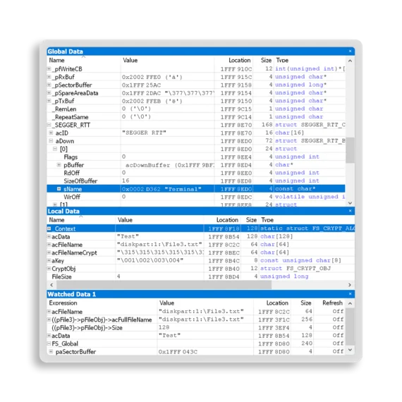 The image displays a technical interface with data fields related to memory locations and structures. It includes various parameters such as names, values, locations, sizes, and types associated with global and local data. The context suggests a focus on file handling and cryptographic elements.