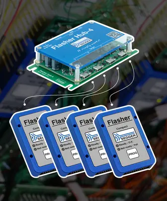 An electronic device called "Flasher Hub 4" is shown at the top, connected to several smaller blue devices labeled "Flasher Compact." Each device displays status indicators such as "Ready / OK," "Not Ready / Fail," and "PROG," suggesting they are used for programming or debugging purposes in electronic development.