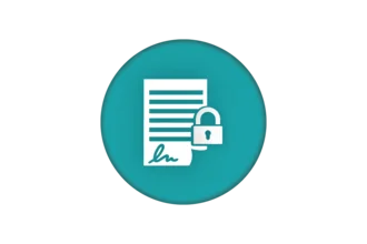 An illustration depicting a document with lines and a signature, accompanied by a padlock symbol, all set against a teal circular background. The image represents security and the protection of digital or physical documents.
