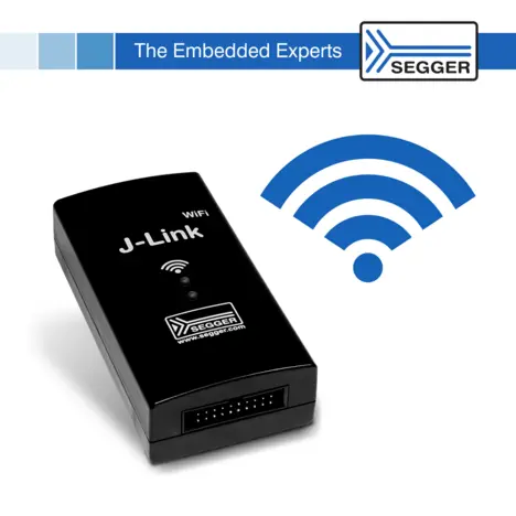 The image showcases a black device labeled "J-Link" with Wi-Fi connectivity. It features indicator lights on the front and a connector at the bottom. There is also a graphic representation of Wi-Fi signal waves nearby, suggesting wireless functionality.