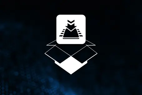 A simple white icon depicts a downward arrow above a box, symbolizing downloading or transferring files. The background features a dark, textured design, enhancing the focus on the download icon.