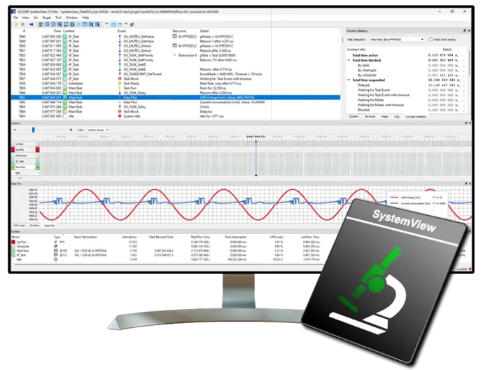 A computer monitor displays the SEGGER SystemView software interface, showing detailed statistics of tasks and processes, including CPU usage and timing analysis. Graphs represent system performance over time, indicating various metrics like CPU load and USB voltage. The software is used for embedded systems development.