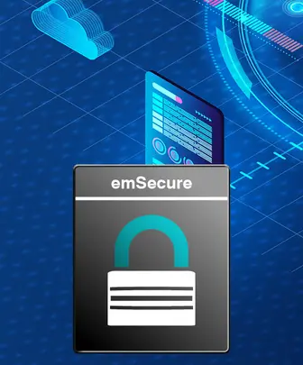 The image features a digital representation of cybersecurity, highlighting the brand "emSecure" alongside a padlock symbol, indicating security and protection of data. A graphical device displaying charts and graphs is present in the background, emphasizing technology and data management.