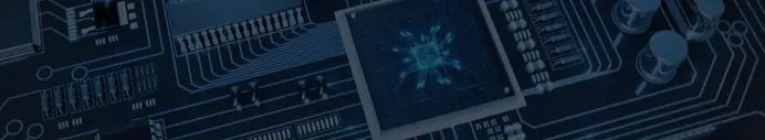 Abstract view of a blue circuit board featuring a prominent central microchip with glowing connections. Surrounding components include various electronic elements, creating a high-tech atmosphere that represents advanced technology and electronics.
